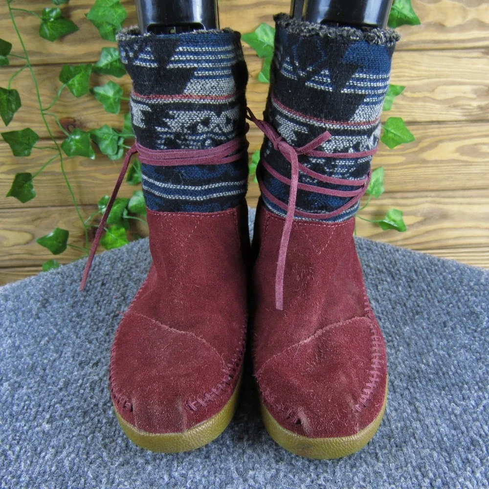Toms Burgundy Suede Knit Trim‎ Ankle Boots Women Size 6 Comfortable Casual